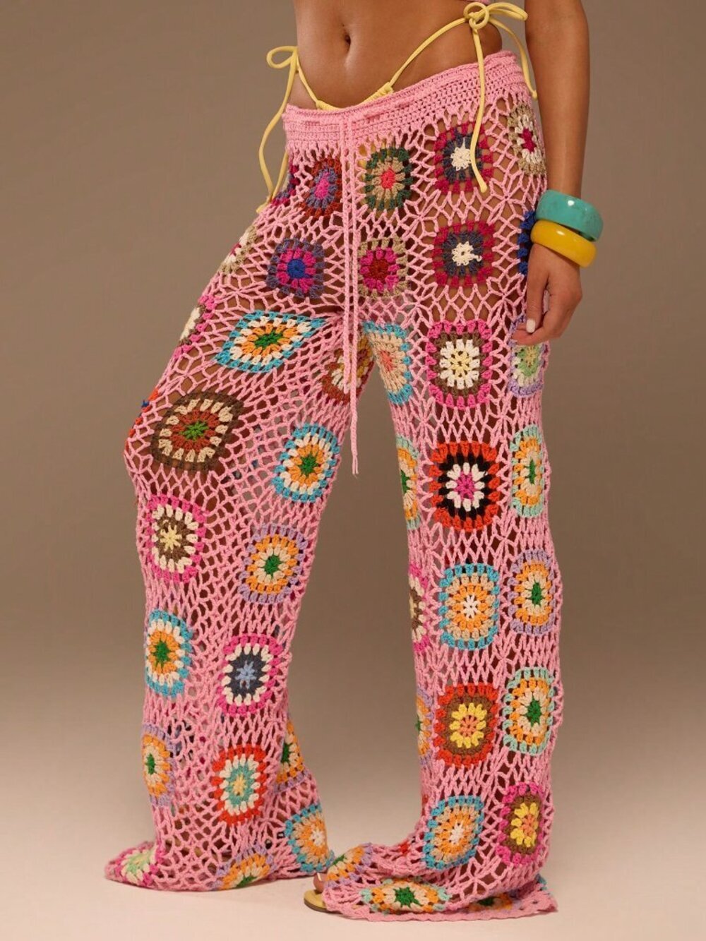 Multicolor Boho Women's Mixed Crochet Knit Wide Leg Cover-Ups